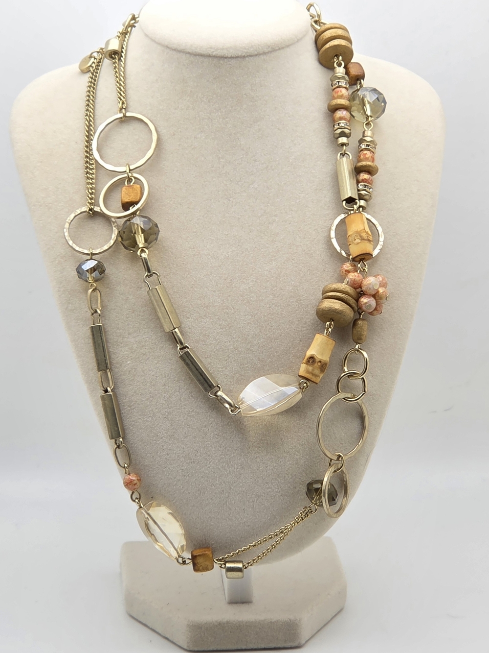 LOFT Mixed Media Long Boho Necklace - Gold Tone, Wood & Resin Beads - 36"